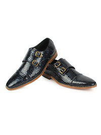 Textured Double Monk Strap Shoes - Blue