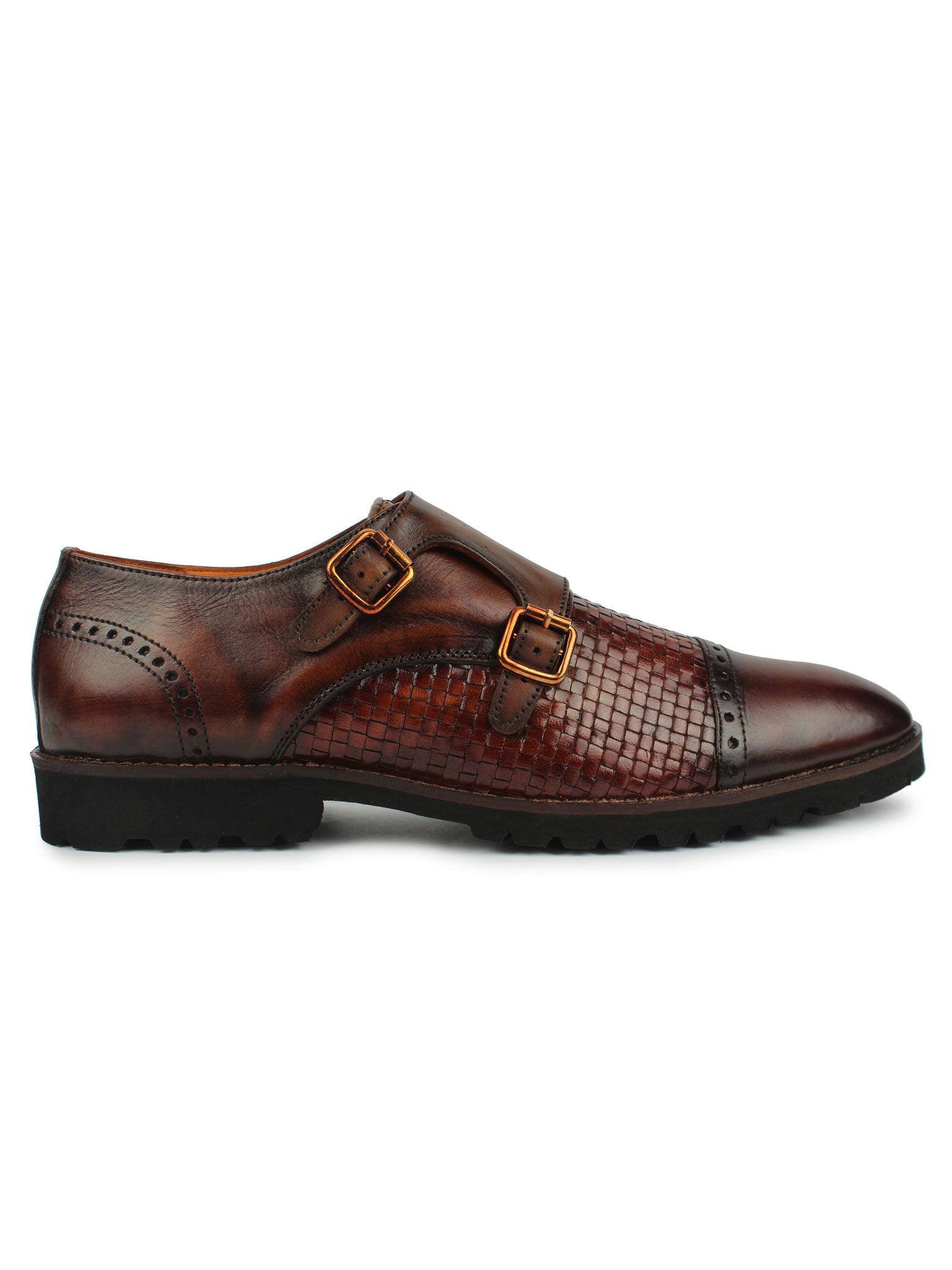 Textured Monk Strap Shoes - Brown