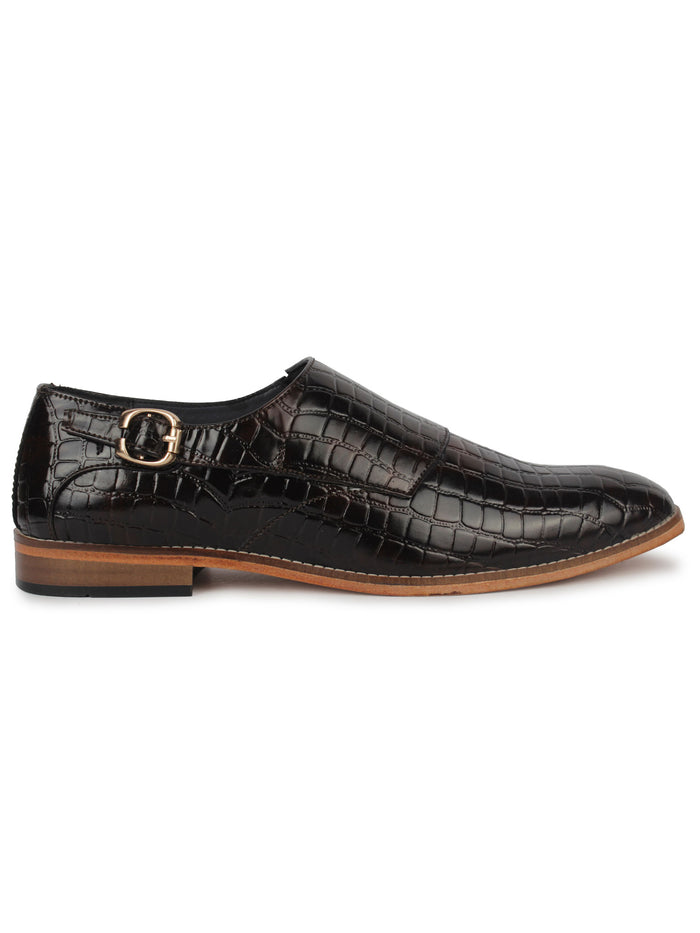 Textured Single Monk Strap Shoes - Brown