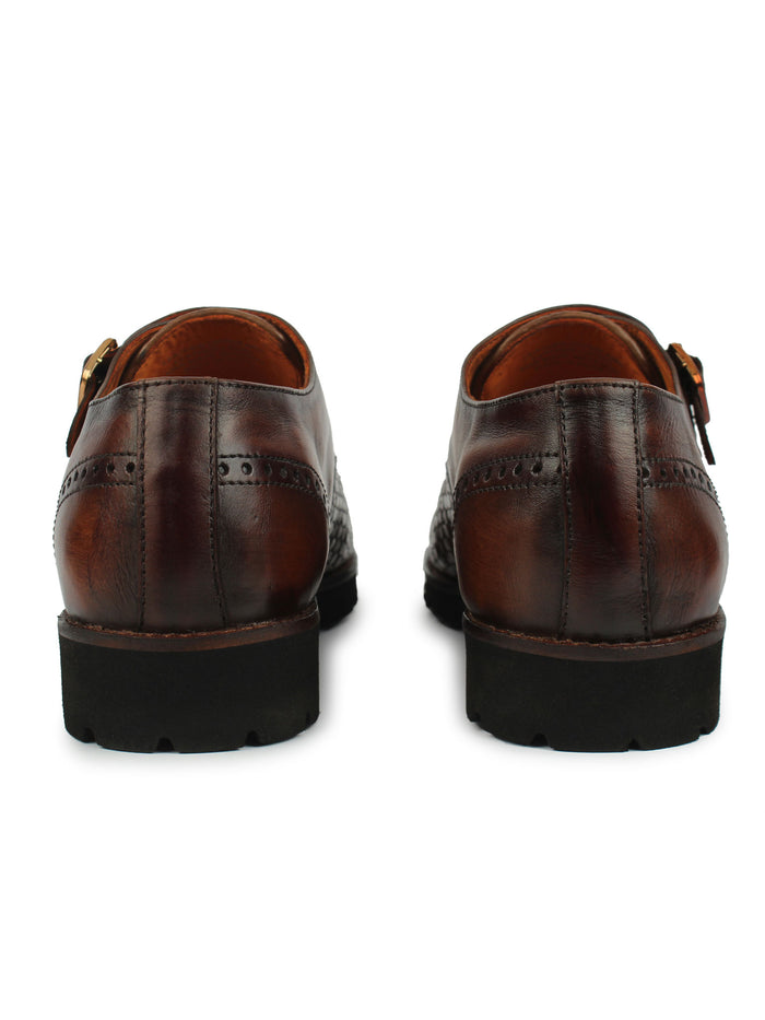 Textured Monk Strap Shoes - Brown