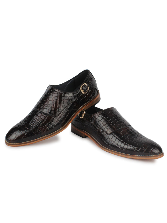 Textured Single Monk Strap Shoes - Brown