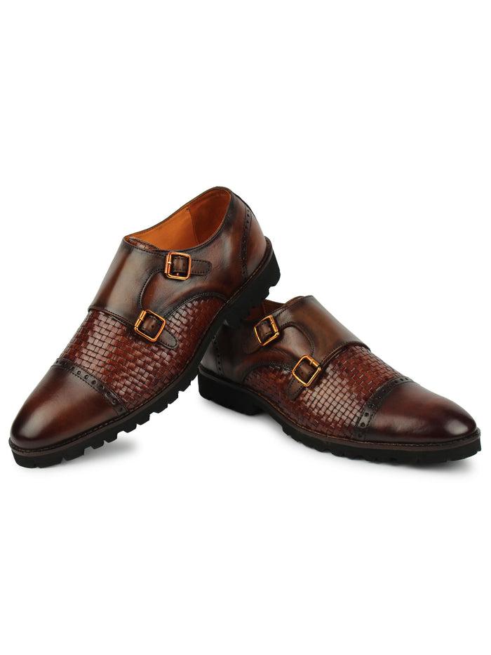 Textured Monk Strap Shoes - Brown