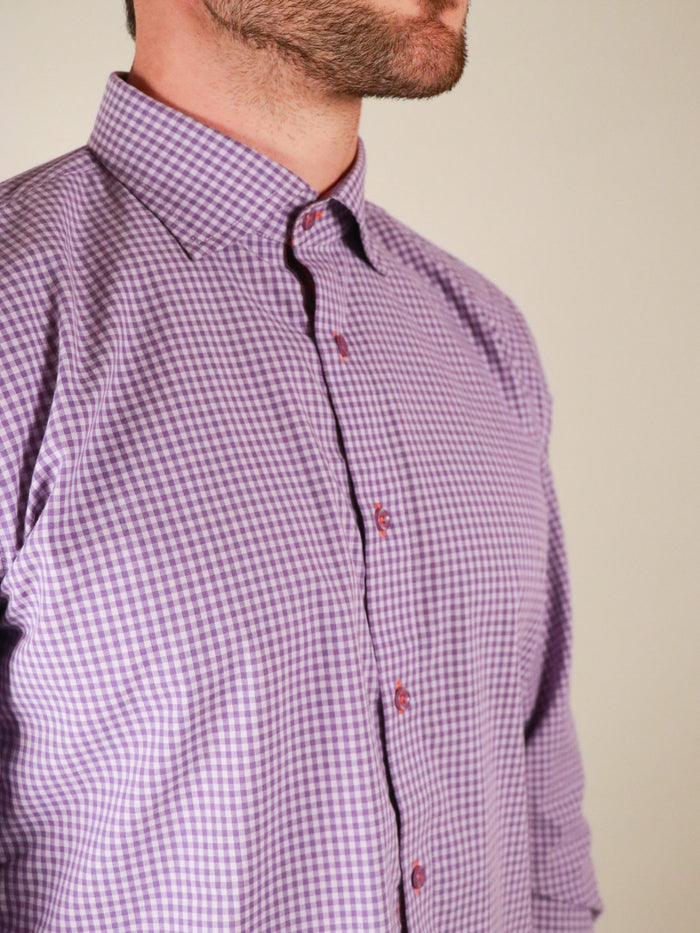 french lavender shirt model image collar close up